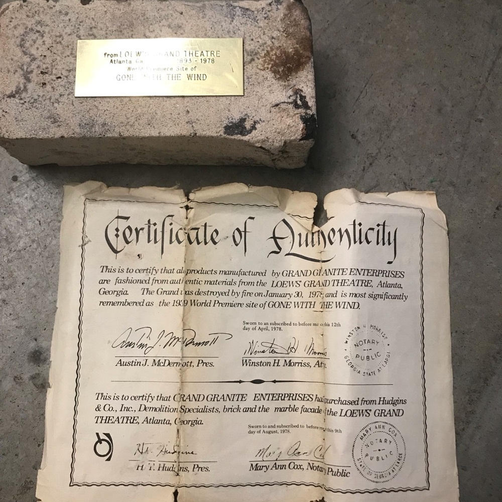 Vintage “Gone With The Wind” Theater Brick with Plaque